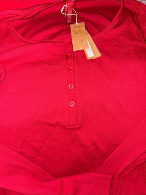 NWT SKIMS Red Henley Button-Up Long Sleeve Top